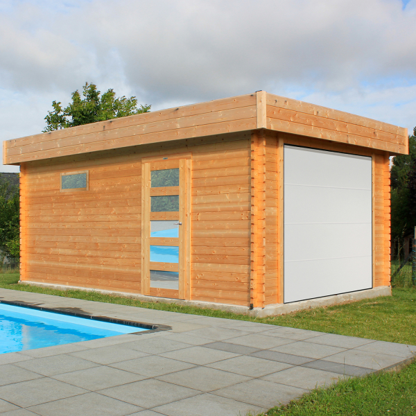 Garage en bois porte sectionnelle motorisée | 358 x 538 cm | Bois brut | 40 mm d'épaisseur