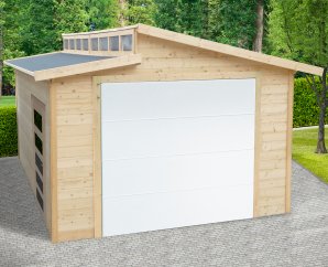 Garage en bois porte sectionnelle motorisée | 360 x 570 cm | Bois brut | 28 mm d'épaisseur