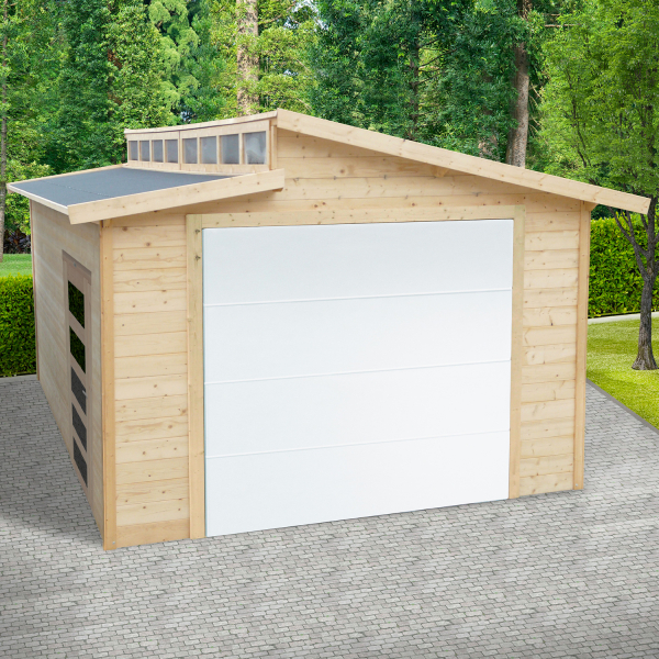 Garage en bois porte sectionnelle motorisée | 360 x 570 cm | Bois brut | 28 mm d'épaisseur