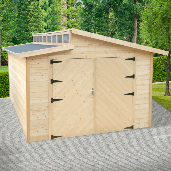 Garage en bois double porte en bois | 360 x 570 cm | Bois brut | 28 mm d'épaisseur