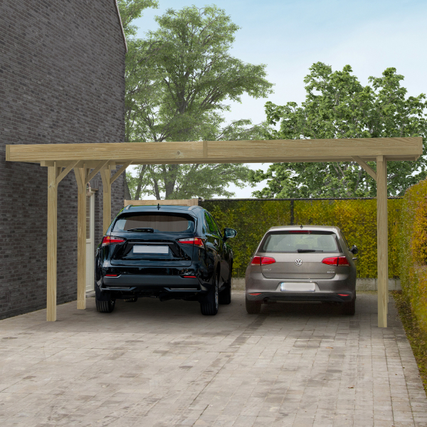 Carport en bois toit plat modulable  | 606 x 506 cm + extension possible | Bois autoclave