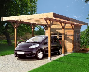 Carport en bois 1 voiture toit plat avec local | 306 x 699 cm | Bois autoclave