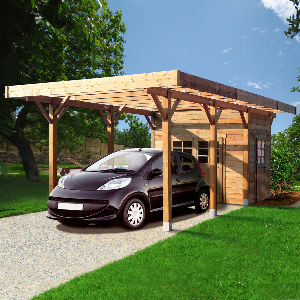 Carport en bois 1 voiture toit plat avec local | 306 x 699 cm | Bois autoclave