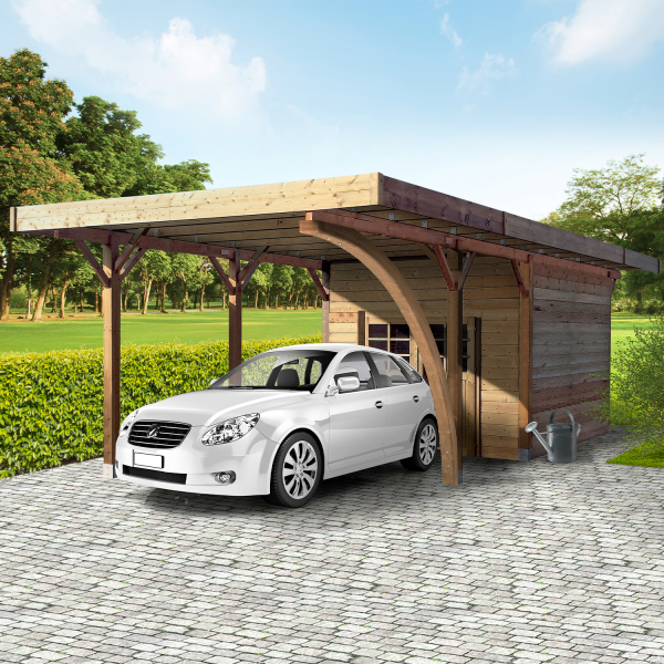 Carport en bois 1 voiture toit plat avec local | 406 x 699 cm | Bois autoclave