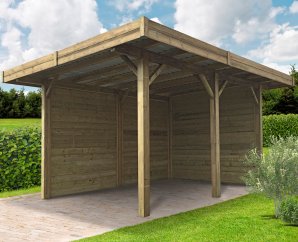 Carport en bois 1 voiture toit plat avec parois fermées | 306 x 699 cm | Bois autoclave