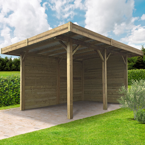 Carport en bois 1 voiture toit plat avec parois fermées | 306 x 699 cm | Bois autoclave