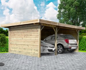 Carport en bois 2 voitures toit plat | 506 x 699 cm | 3 parois fermées | Bois autoclave
