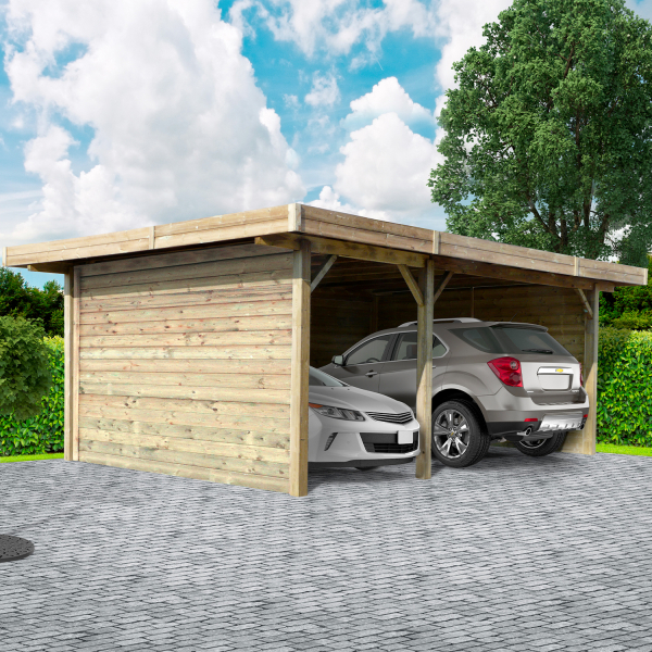 Carport en bois 2 voitures toit plat | 506 x 699 cm | 3 parois fermées | Bois autoclave