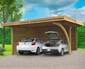 Carport en bois 2 voitures toit plat | 606 x 506 cm | 2 parois fermées | Bois autoclave