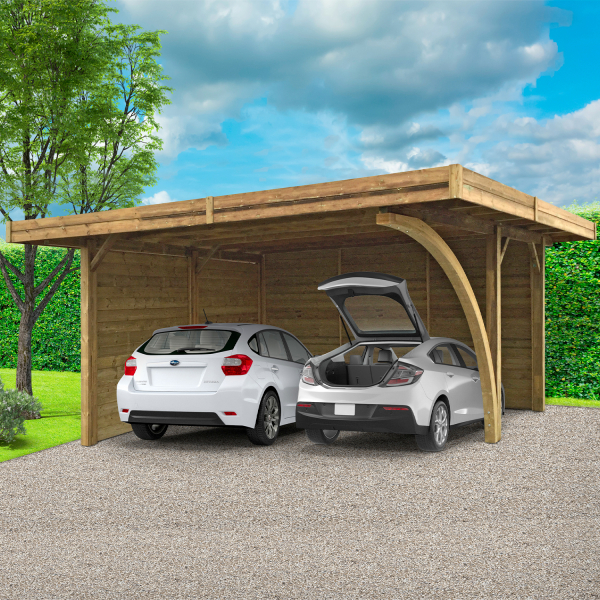Carport en bois 2 voitures toit plat | 606 x 506 cm | 2 parois fermées | Bois autoclave
