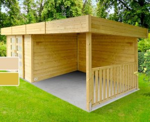 Abri de jardin en bois ARHUS | 333 x 245 + Auvent 332cm | Bois brut ou autoclave | 28 mm d'épaisseur