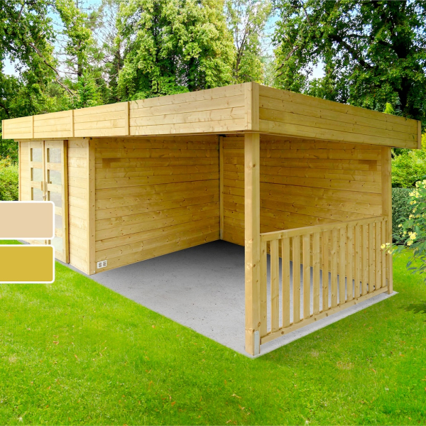 Abri de jardin en bois ARHUS | 333 x 245 + Auvent 332cm | Bois brut ou autoclave | 28 mm d'épaisseur