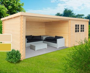 Abri de jardin en bois ROHAN | 298 x 298 + Auvent 364cm | Bois brut ou autoclave | 28 mm d'épaisseur