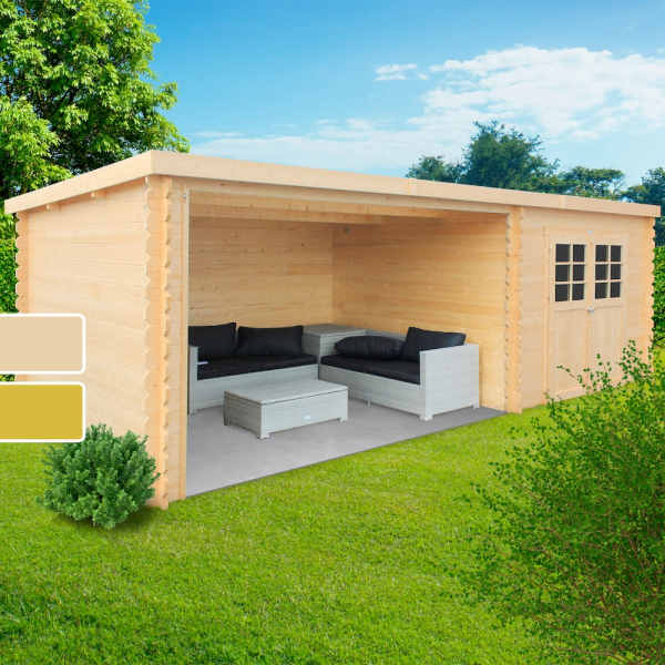 Abri de jardin en bois ROHAN | 298 x 298 + Auvent 364cm | Bois brut ou autoclave | 28 mm d'épaisseur
