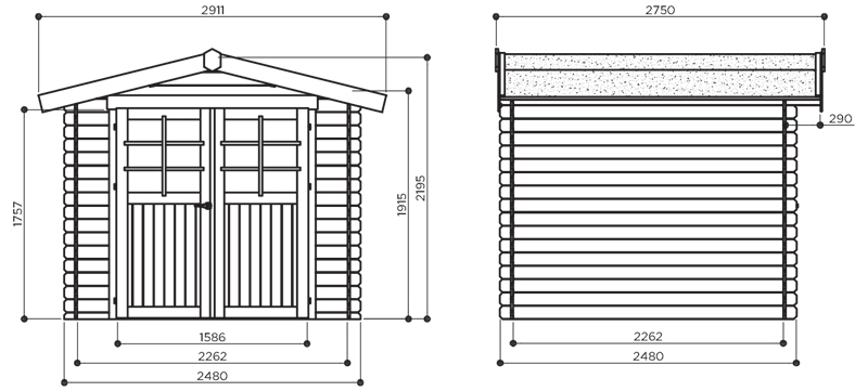 Abri de jardin en bois GERA | 248 x 248 cm | Bois brut | 19 mm d'épaisseur