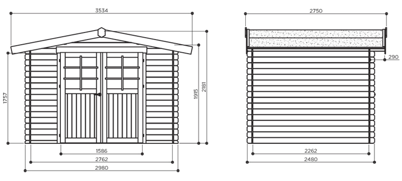 Abri de jardin en bois AMBERG | 298 x 248 cm | Bois brut | 19 mm d'épaisseur