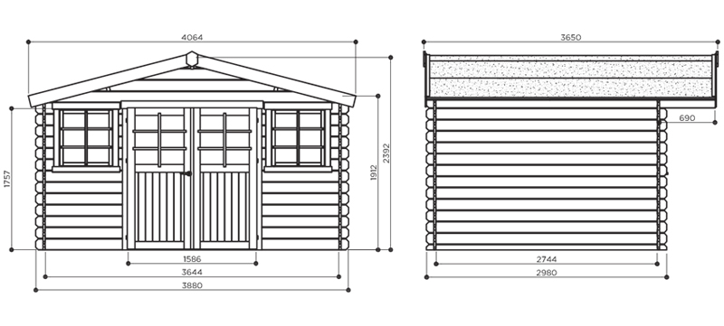Abri de jardin en bois DOLE | 388 x 298 cm | Bois brut ou autoclave | 28 mm d'épaisseur