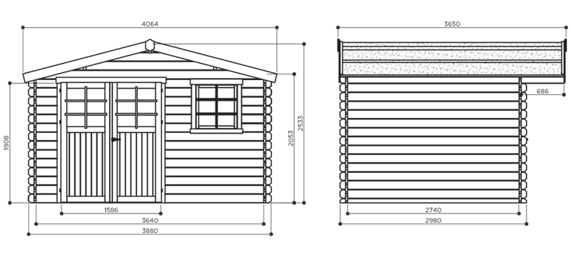 Abri de jardin en bois SALZBURG | 388 x 298 cm | Bois brut | 34 mm d'épaisseur
