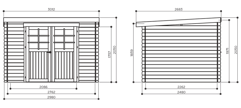 Abri de jardin en bois JENA | 298 x 248 cm | Bois brut | 19 mm d'épaisseur