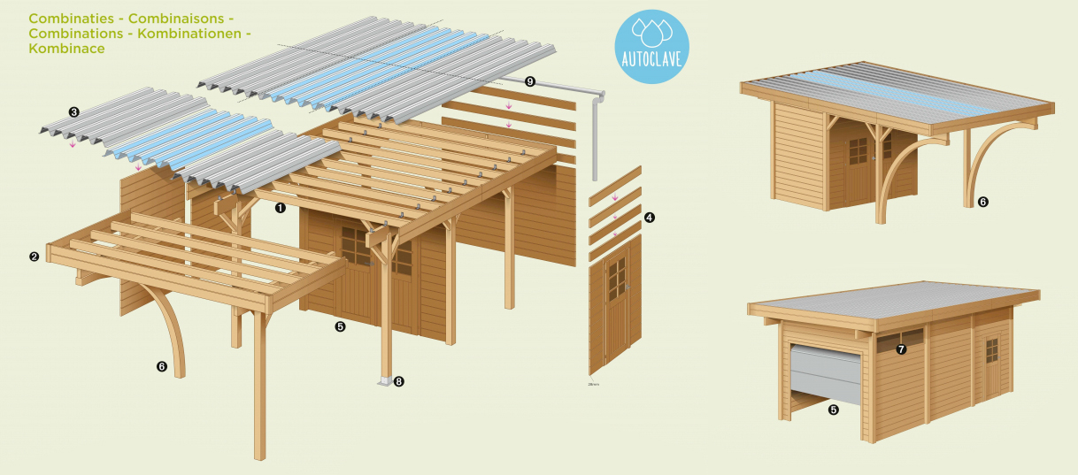 Carport en bois toit plat modulable  | 606 x 506 cm + extension possible | Bois autoclave