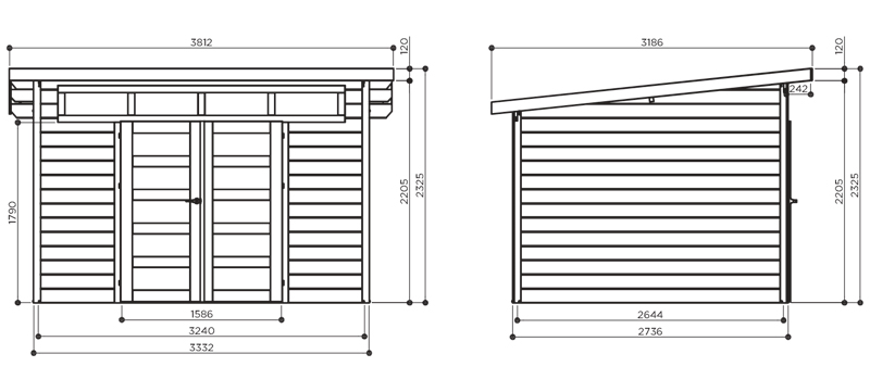 Abri de jardin en bois VENEZIA | 333 x 273 cm | Bois brut | 28 mm d'épaisseur