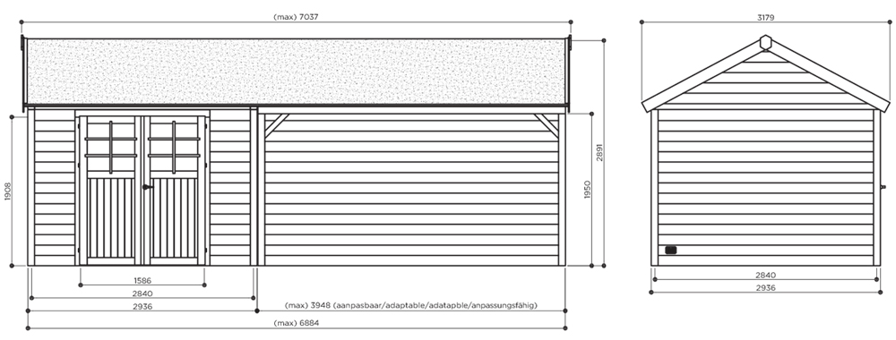 Abri de jardin en bois CAMBRAI | 296 x 296 cm + Auvent 396 cm  | Bois autoclave | 19 mm d'épaisseur