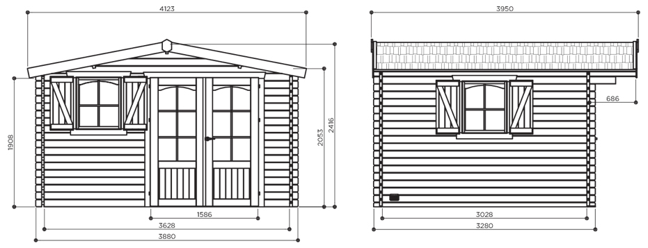 Abri de jardin en bois MORZINE | 388 x 328 cm | Bois brut | 40 mm d'épaisseur