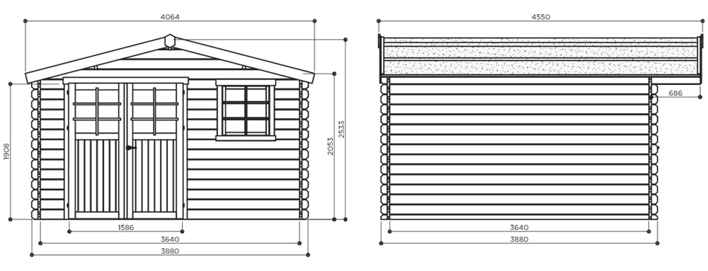 Abri de jardin en bois LINZ | 388 x 388 cm | Bois brut | 34 mm d'épaisseur