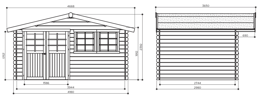 Abri de jardin en bois NIORT | 418 x 298 cm | Bois brut ou autoclave | 28 mm d'épaisseur