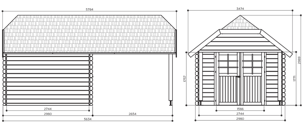 Abri de jardin en bois CORK | 298 x 298 cm + Auvent 265 cm | Bois brut | 28 mm d'épaisseur