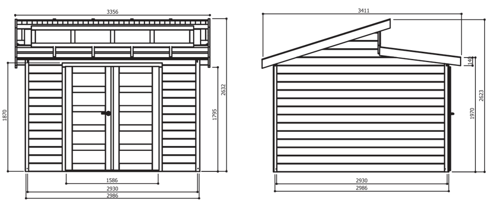 Abri de jardin en bois MILANO | 298 x 298 cm | Bois brut | 28 mm d'épaisseur