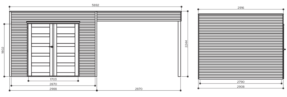 Abri de jardin en bois TARENTO | 298 x 290 cm + Auvent 287 cm  | Bois autoclave | 19 mm d'épaisseur