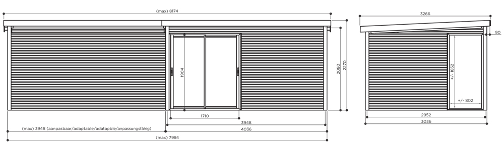 Abri de jardin en bois TAVIRA | 403 x 303 cm + Auvent 394 cm | Bois autoclave | 28 mm d'épaisseur
