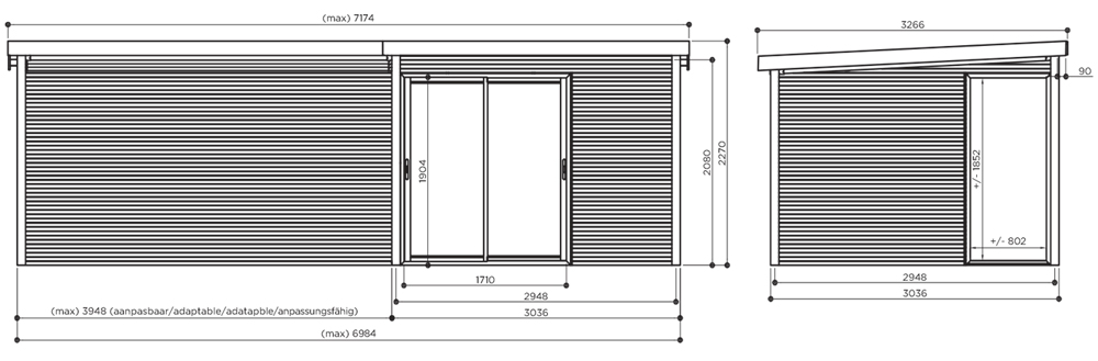 Abri de jardin en bois SAGRES | 303 x 303 cm + Auvent 394 cm | Bois autoclave | 28 mm d'épaisseur