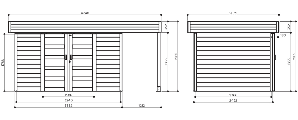 Abri de jardin en bois LARVIK | 333 x 245 cm + Bûcher 121 cm | Bois brut | 28 mm d'épaisseur