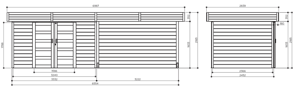 Abri de jardin en bois ARHUS | 333 x 245 + Auvent 332cm | Bois brut ou autoclave | 28 mm d'épaisseur