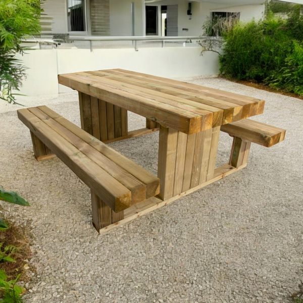 Table de pique nique moderne en bois traité 6 places | 180 x 159 x 73 cm | Bois autoclave