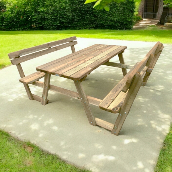 Table de pique nique avec dossier en bois traité 6 places | 180 x 197 x 71 cm | Bois autoclave 