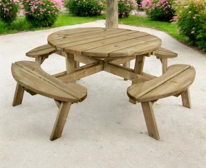 Table de pique nique ronde en bois traité 4 places | 220 x 220 x 71 cm | Bois autoclave