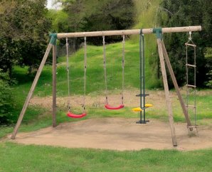 Balançoire double en bois + face à face et échelle DIANA | 390 x 220 x 220 cm | Bois autoclave