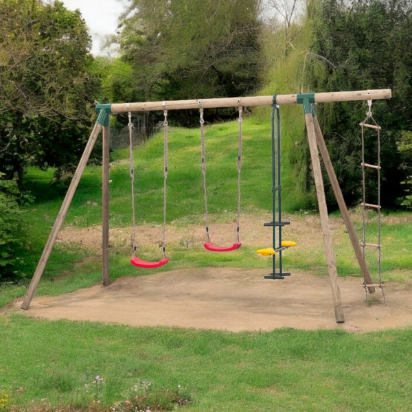 Balançoire double en bois + face à face et échelle DIANA | 390 x 220 x 220 cm | Bois autoclave