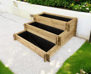 Potager en bois carré en escalier + géotextile  | 140 x 140 x 60 cm | Bois autoclave