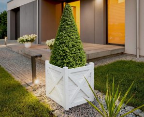 Bac à fleur carré en bois peint en blanc + géotextile | 70 x 70 x 70 cm