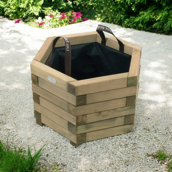 Bac à fleur hexagonal en bois traité autoclave + géotextile | Ø50 x 33 cm