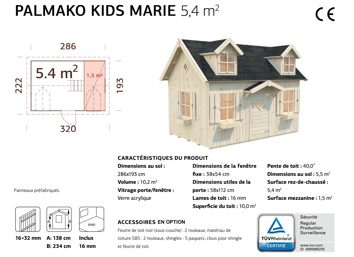 Cabane en bois pour enfant Marie 3,2 x 2,22 m – Palmako