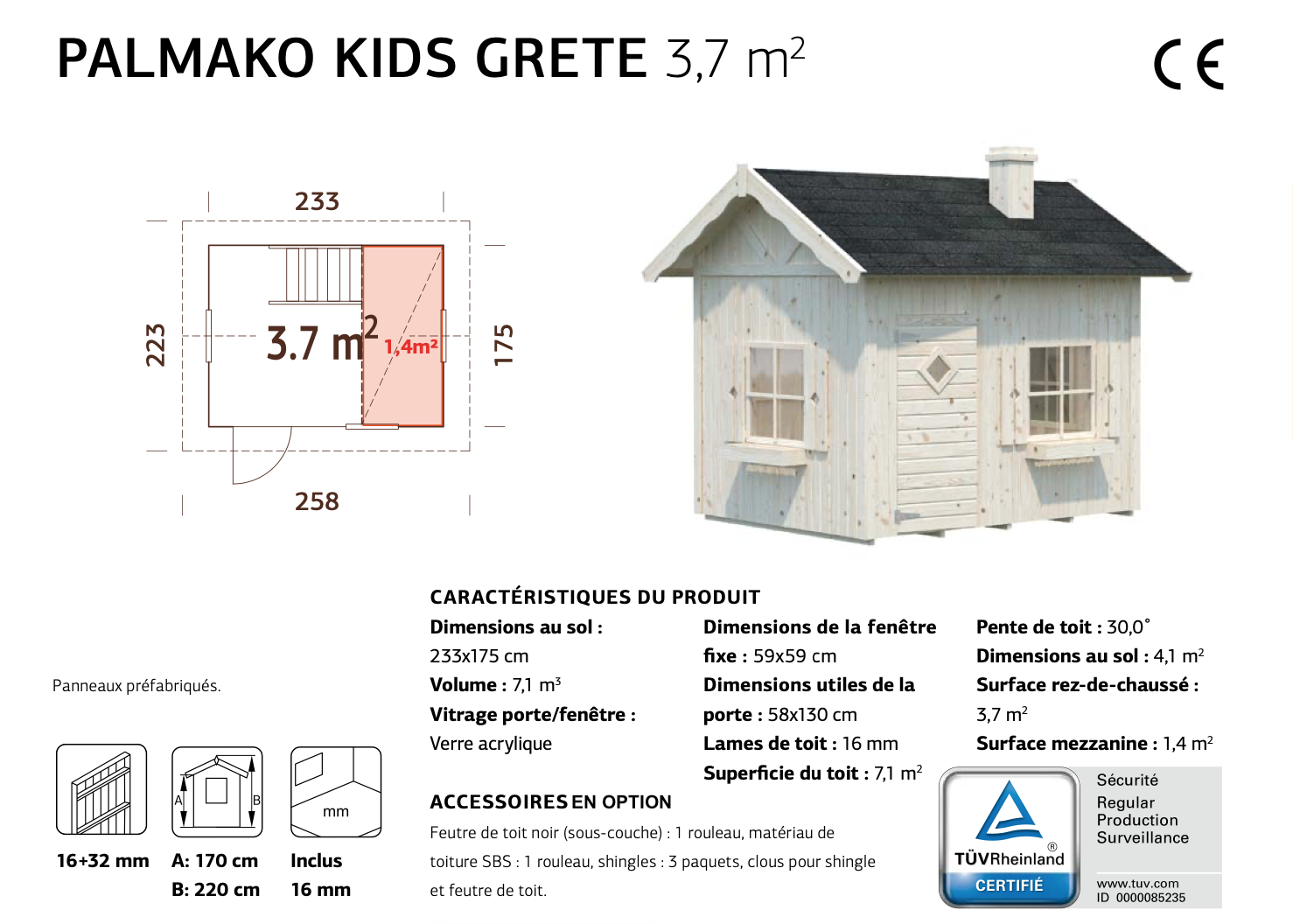Maisonnette en bois pour enfant Grete – 233 x 175 cm avec mezzanine à assembler Palmako