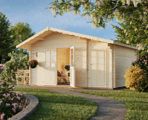 Kit abri en bois double espace Emma | 450 x 330 cm | Traitement au choix | 34 mm d'épaisseur