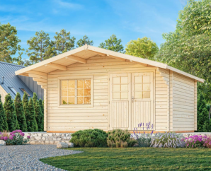 Abri en bois massif Sally | 510 x 390 cm | Traitement au choix | 44 mm d'épaisseur