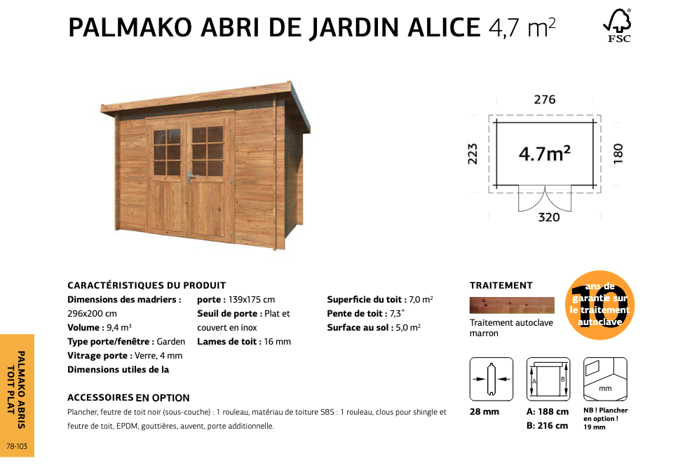 Cabanon bois moins de 5 m² Alice | 276 x 180 | Bois Traité Autoclave | 28 mm d'épaisseur