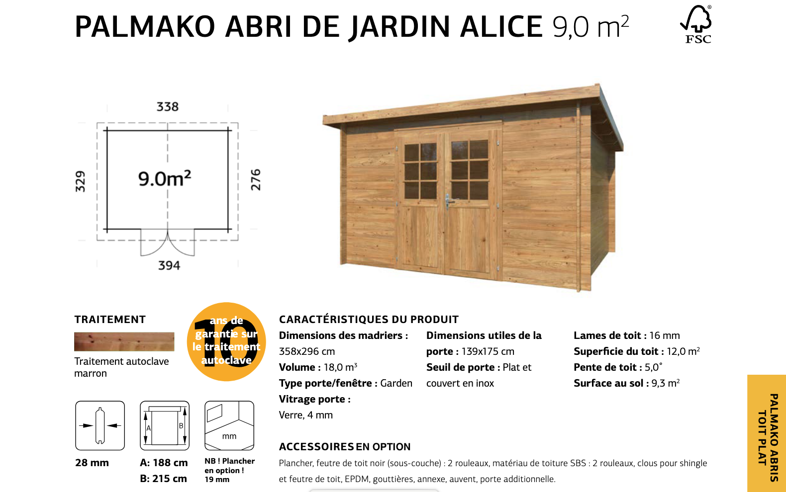 Abri bois autoclave toit plat Alice | 338 x 276 | Bois Traité Autoclave | 28 mm d'épaisseur